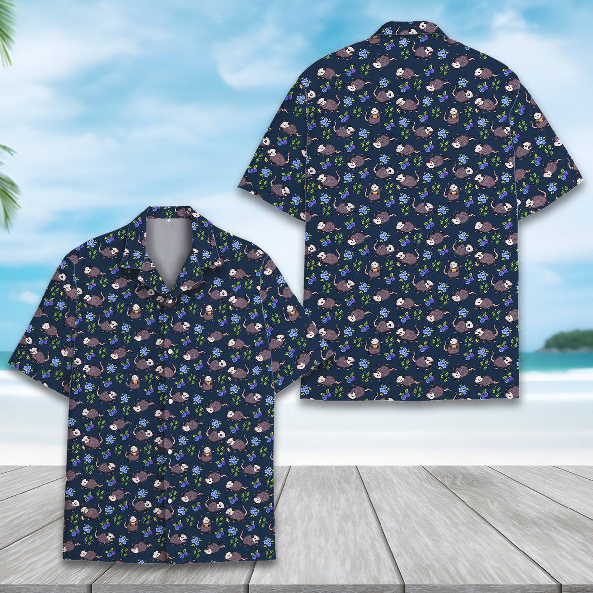 Navy animal hawaiian shirt featuring possums and blueberries pattern, alternate front view
