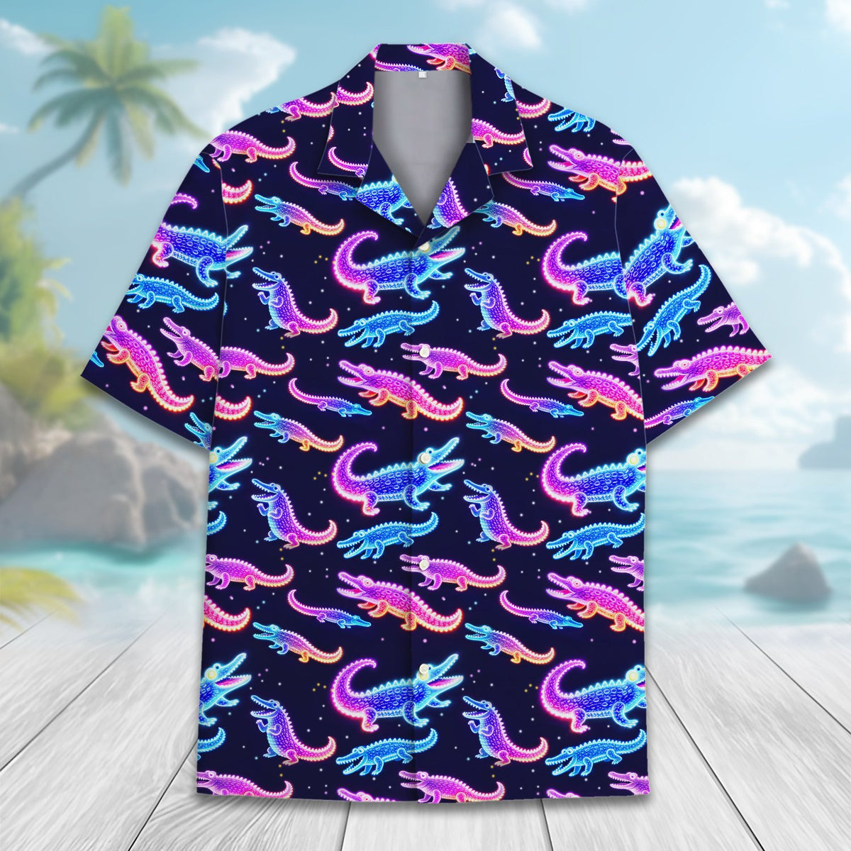 Close-up front view of the glowing crocodile pattern on the hawaiian shirt
