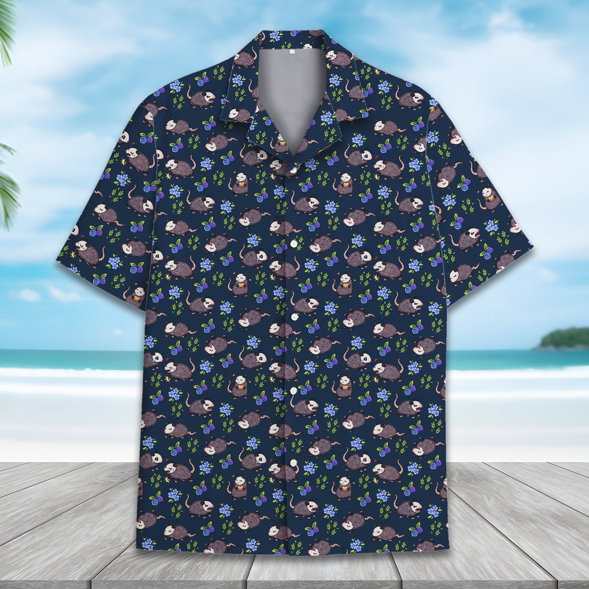 Navy animal hawaiian shirt featuring possums and blueberries pattern, detailed front view