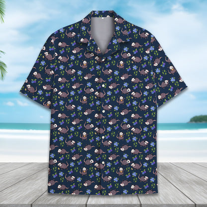 Navy animal hawaiian shirt featuring possums and blueberries pattern, detailed front view