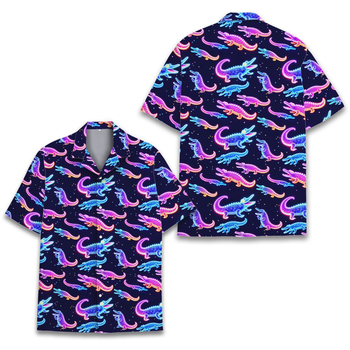 Main view of the neon crocodile animal hawaiian shirt on a starry navy background