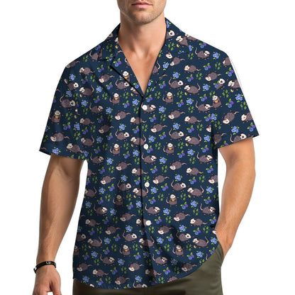 Lifestyle view of matching family hawaiian shirts with possum and blueberry pattern