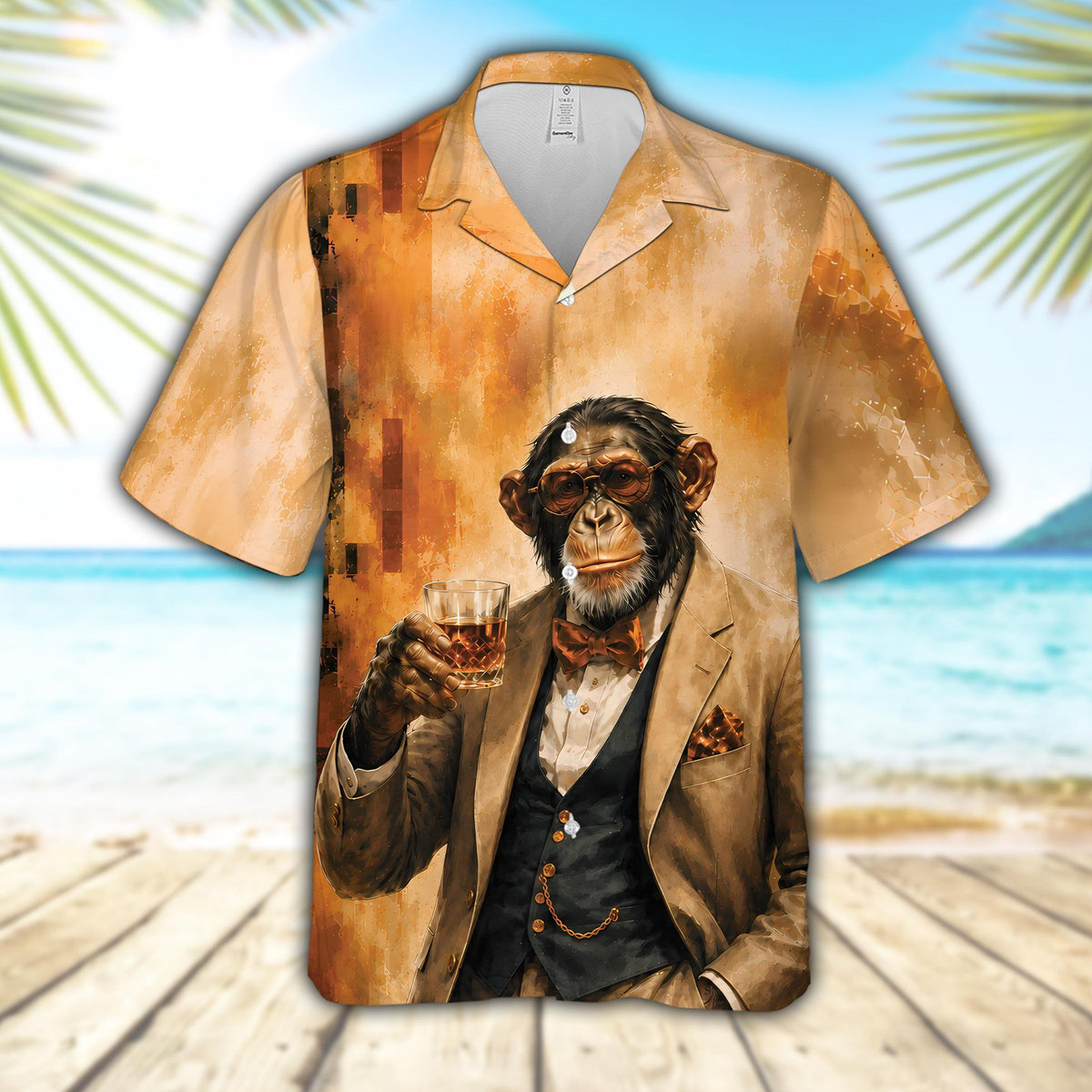 Front view of the animal portrait hawaiian shirt featuring a chimpanzee in a tan suit holding a whiskey glass