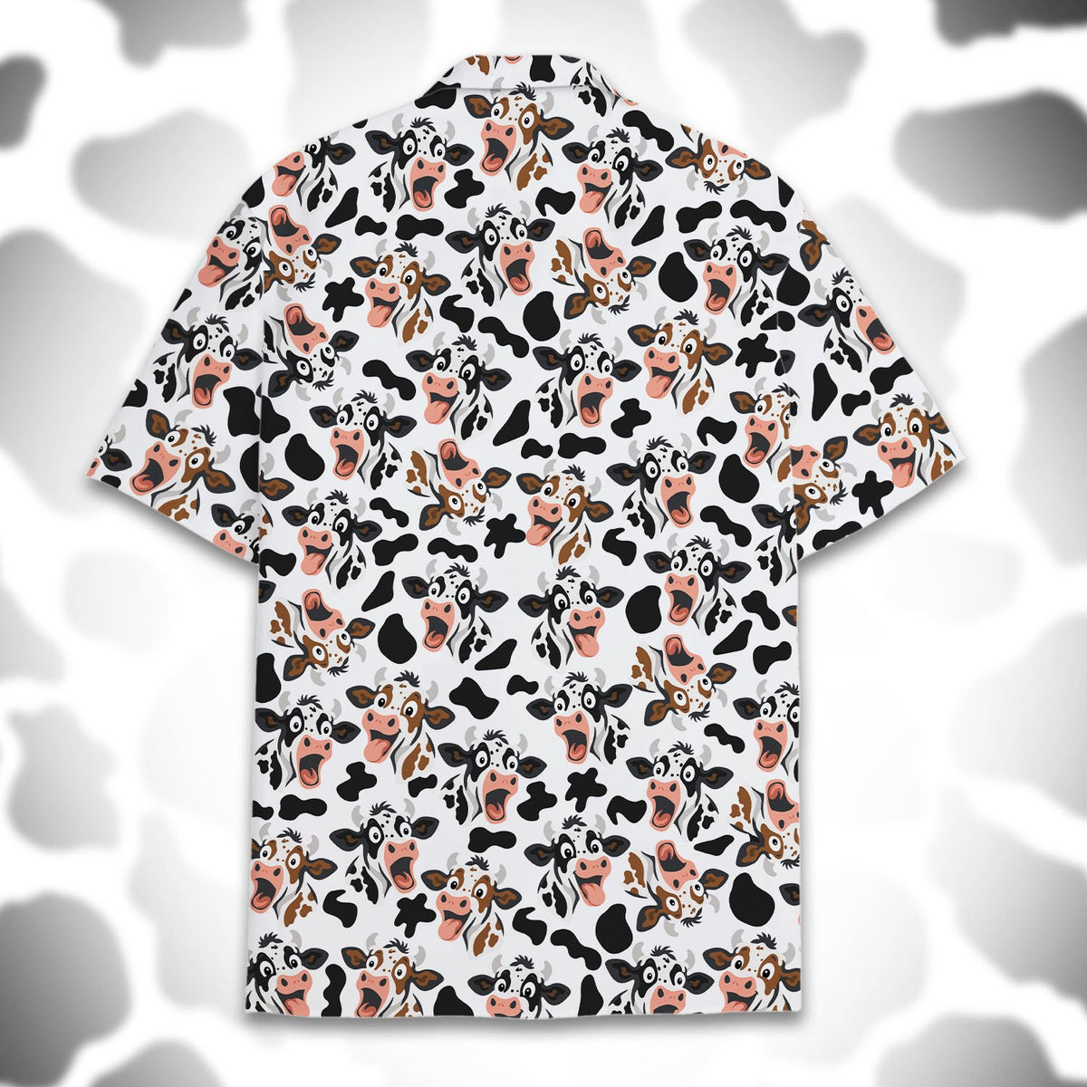 Close-up back view of the cartoon cow family Hawaiian shirt