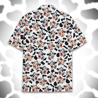 Close-up back view of the cartoon cow family Hawaiian shirt