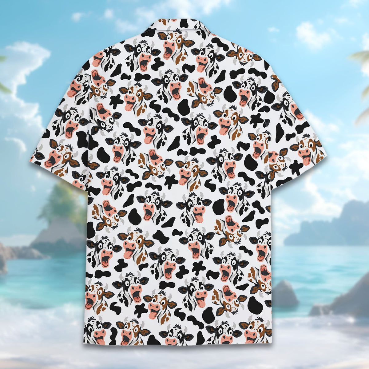 Detailed back view of the animal print matching family Hawaiian shirt
