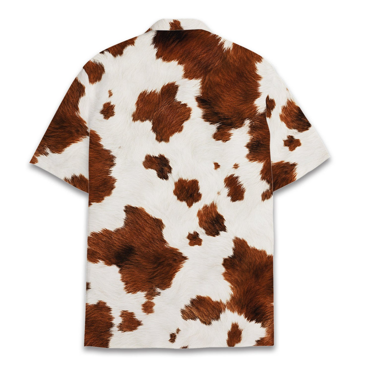 Back view of the brown and white cowhide hawaiian shirt