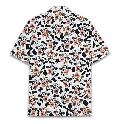 Back view of the matching family Hawaiian shirt with cow print