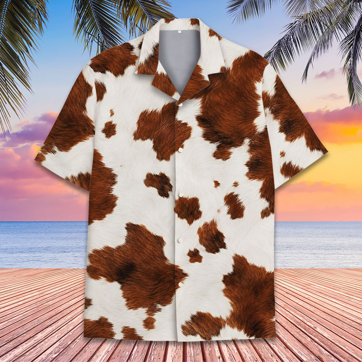 Detailed front view of the cowhide pattern hawaiian shirt