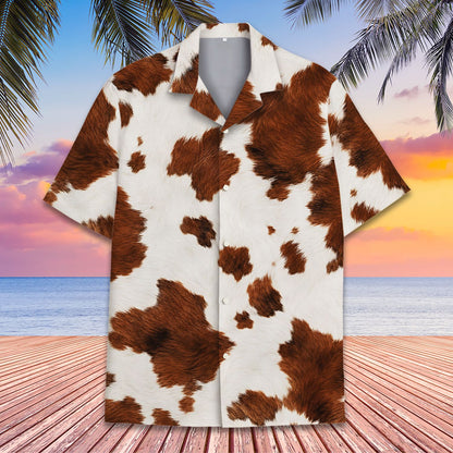 Detailed front view of the cowhide pattern hawaiian shirt