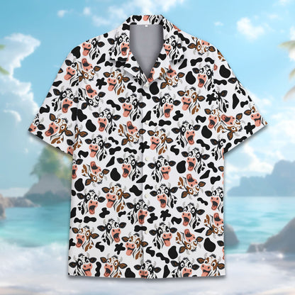 Detailed front view of the cartoon cow matching family Hawaiian shirt