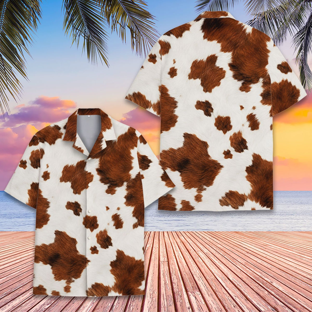 Another front angle of the white animal hawaiian shirt with brown spots
