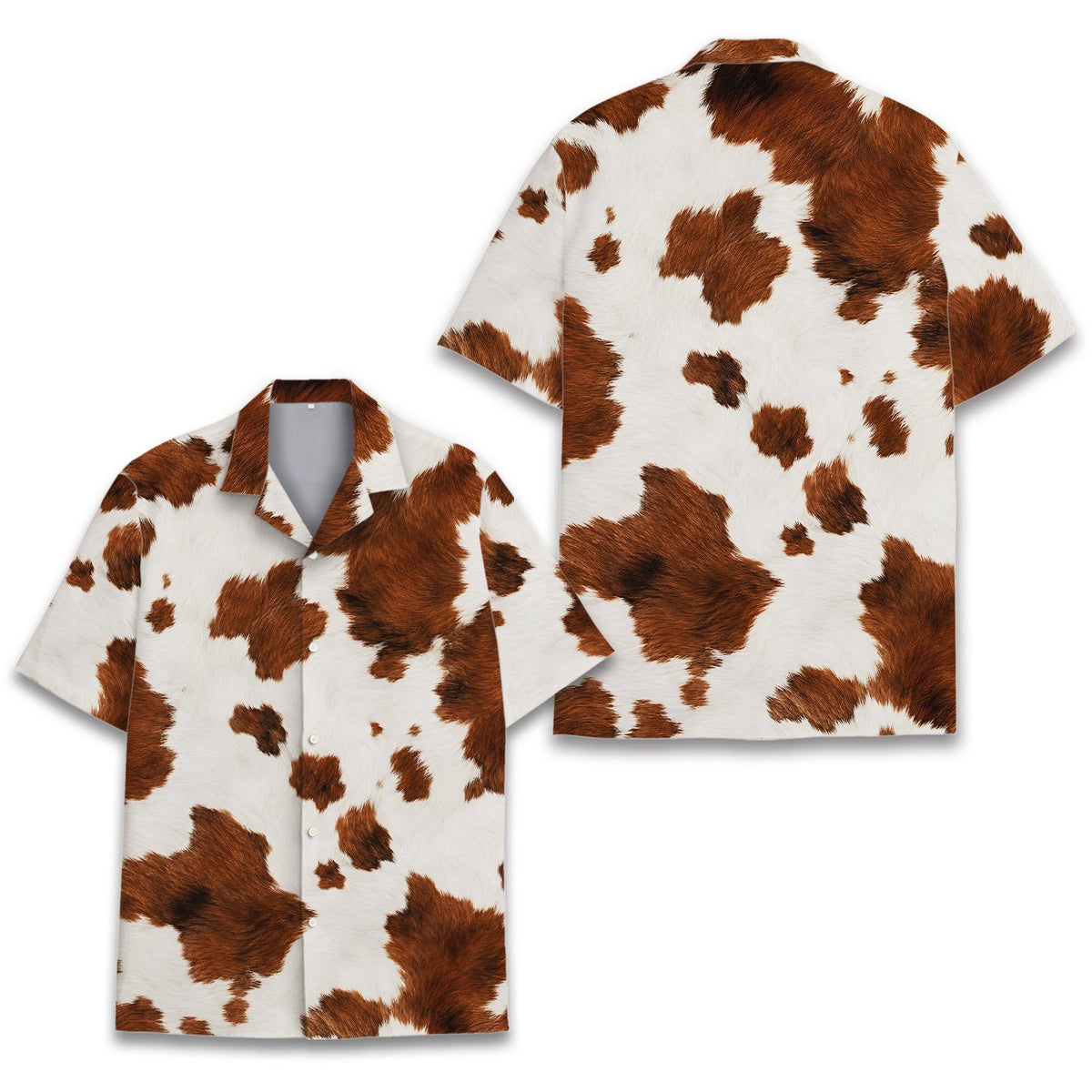 Front view of the brown and white cowhide matching family hawaiian shirt