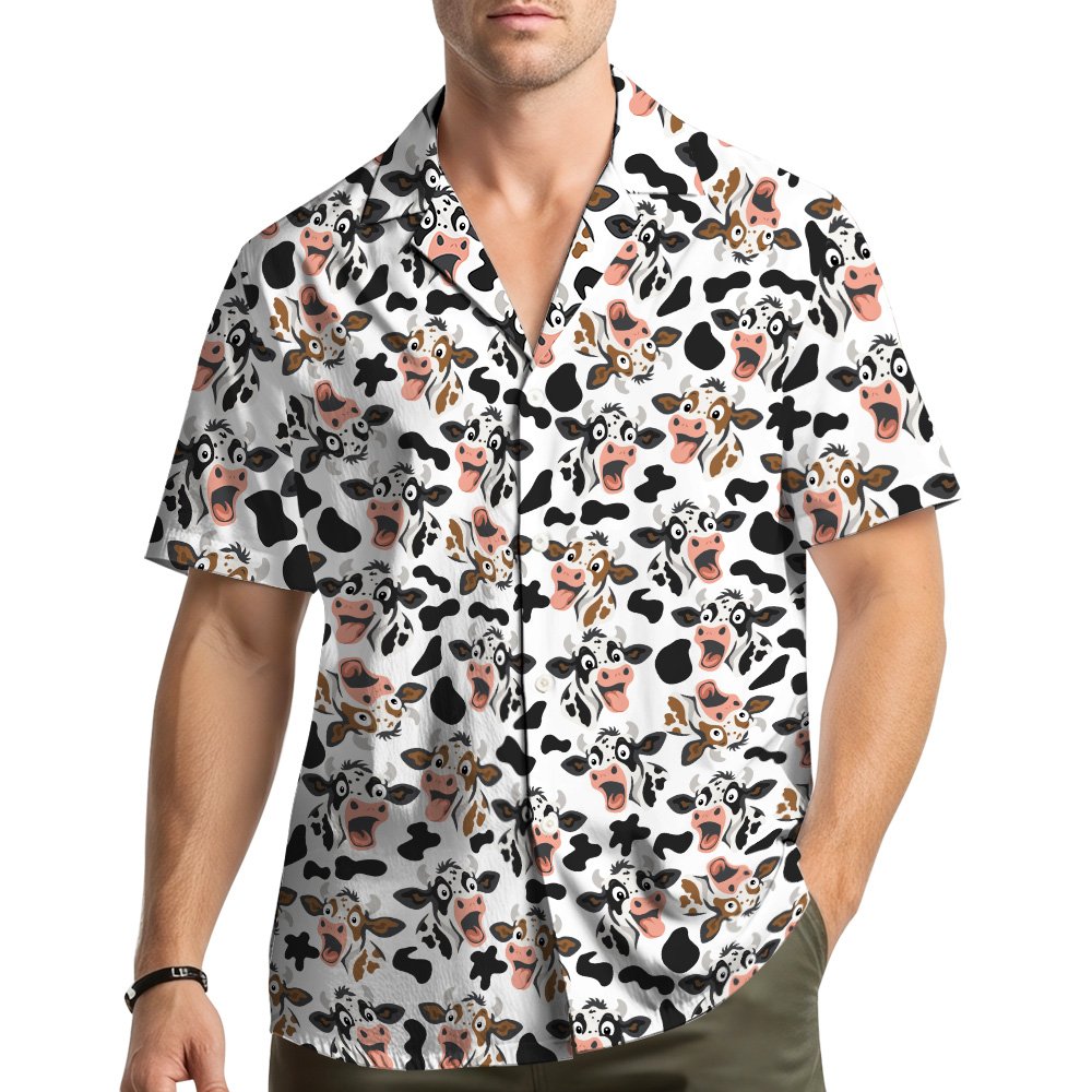 Front view of the cow print matching family Hawaiian shirt
