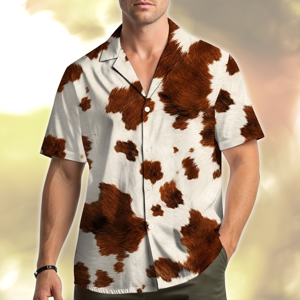 Second lifestyle view showing the cowhide pattern matching family hawaiian shirts