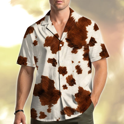 Second lifestyle view showing the cowhide pattern matching family hawaiian shirts