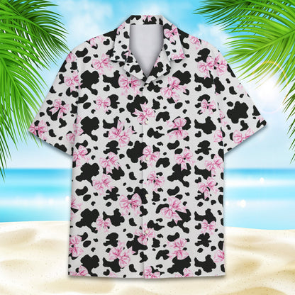 Front view of the white animal hawaiian shirt with cow print