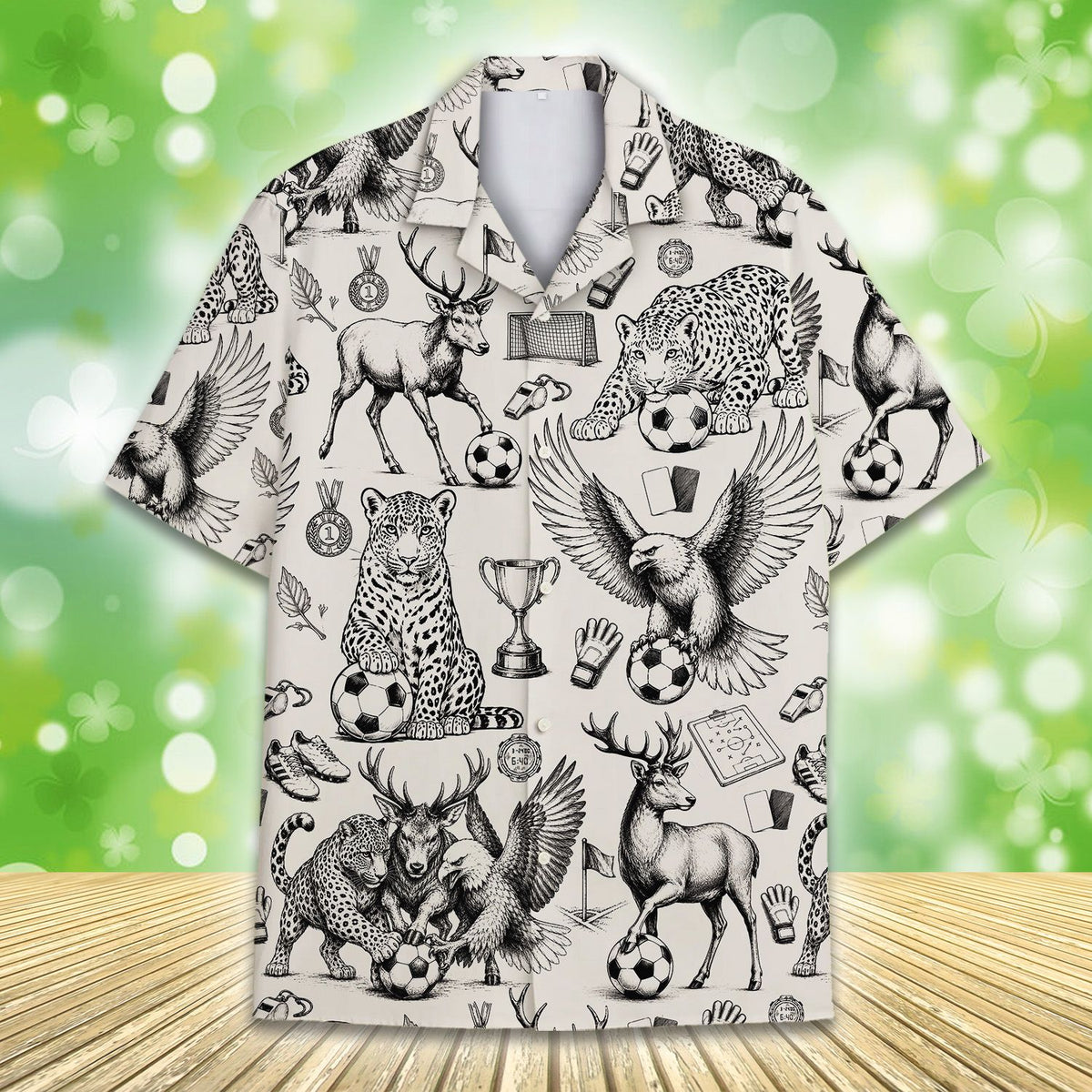 Alternate front view of the beige soccer hawaiian shirt