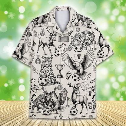 Alternate front view of the beige soccer hawaiian shirt