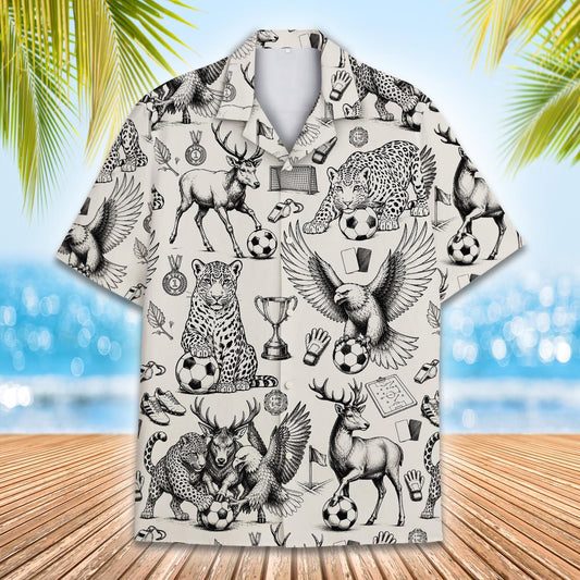 Main view of the animals and soccer hawaiian shirt in beige