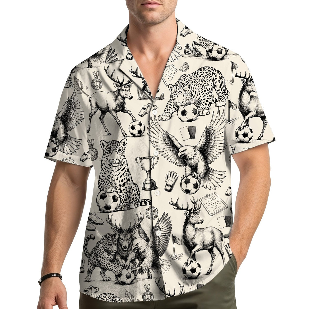 Lifestyle view featuring the animals and soccer hawaiian shirt