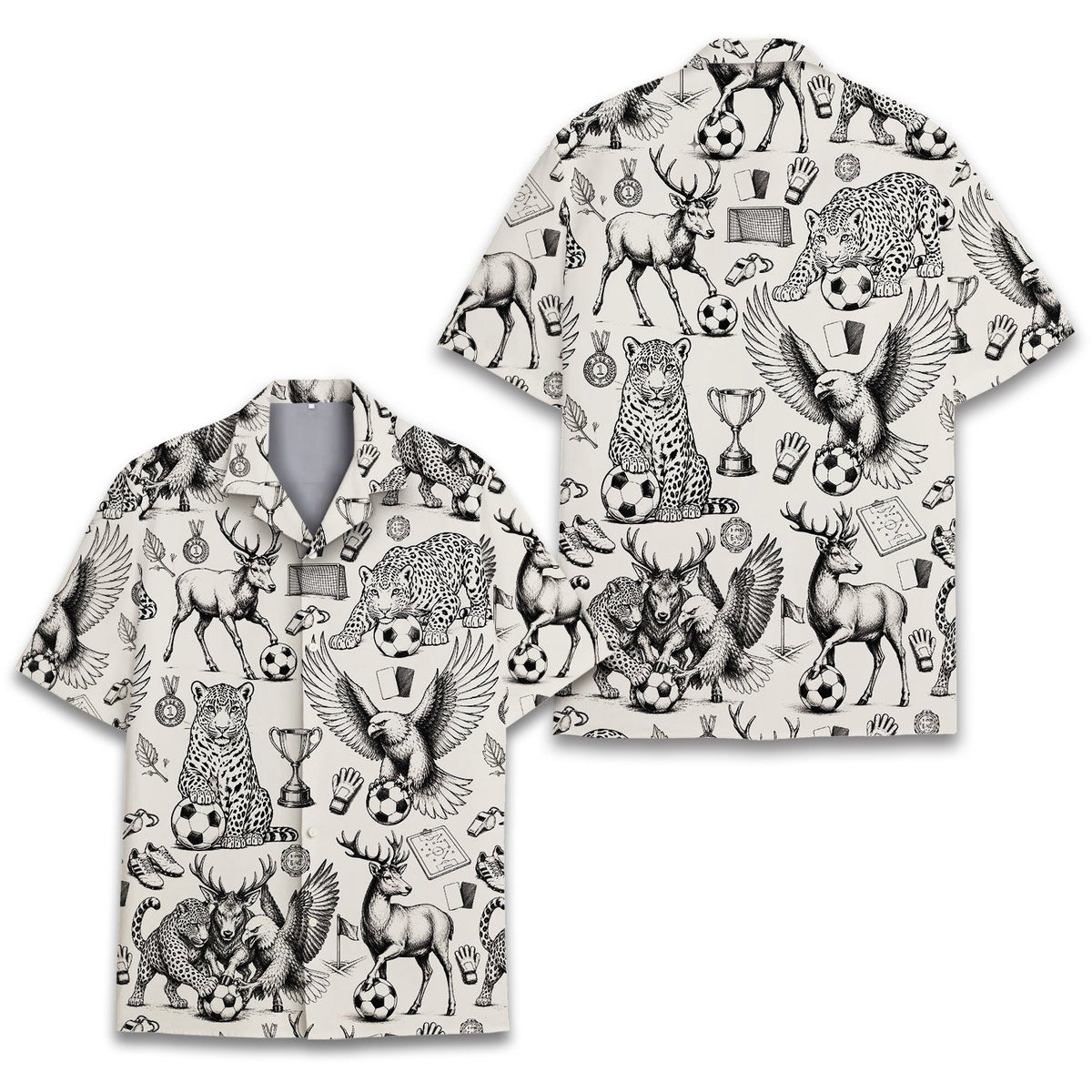 Additional view of the beige animals and soccer hawaiian shirt