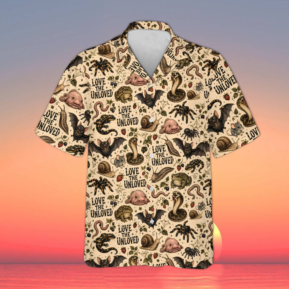 Beige animals hawaiian shirt featuring the Love The Unloved pattern with unique creatures, main view