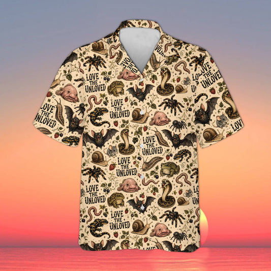 Beige animals hawaiian shirt featuring the Love The Unloved pattern with unique creatures, main view