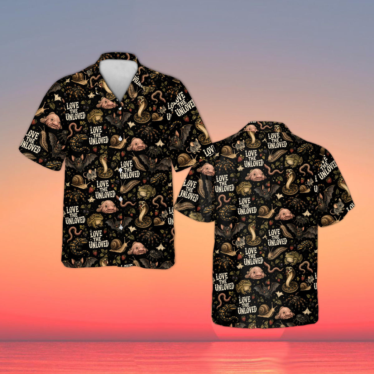 Black matching family hawaiian shirt featuring bats and spiders, front view