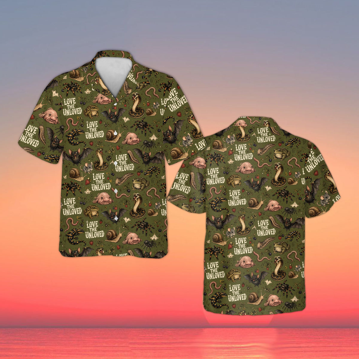Green matching family hawaiian shirt with unconventional animals print, front view
