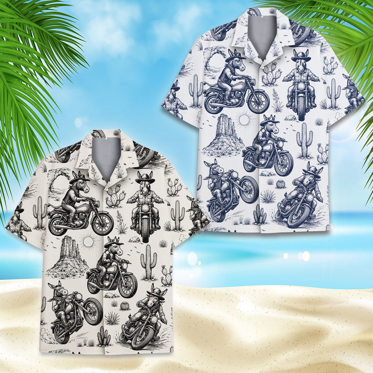 Close up front view of the beige animals and motorcycles Hawaiian shirt