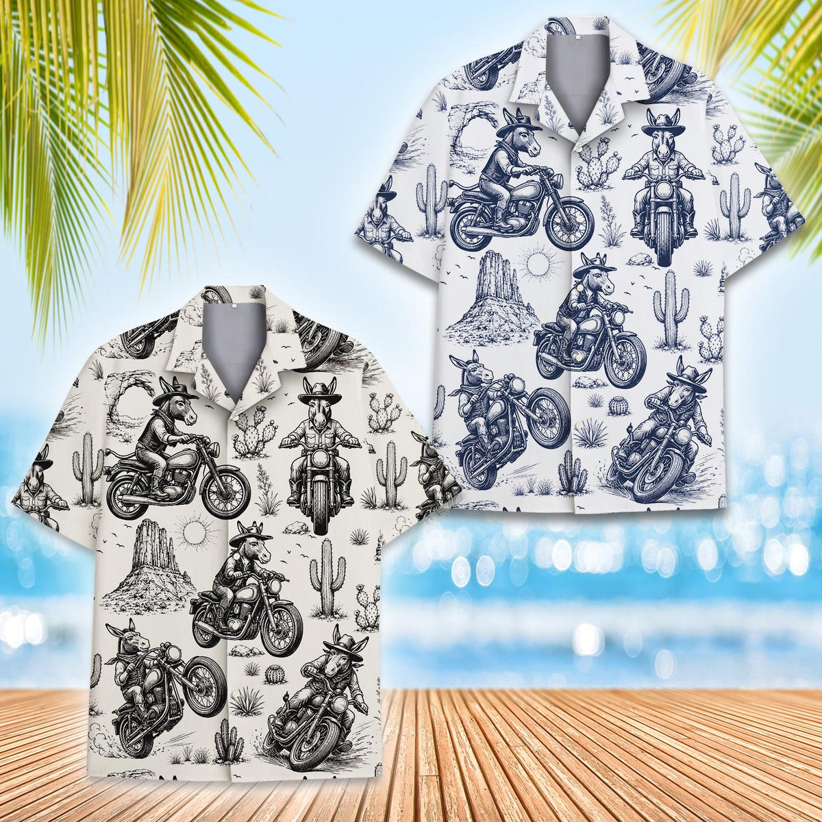 Front view of the beige animals and motorcycles Hawaiian shirt