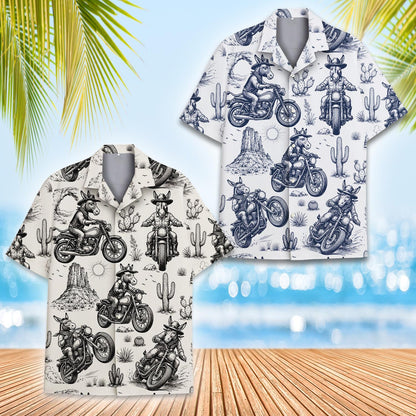 Front view of the beige animals and motorcycles Hawaiian shirt