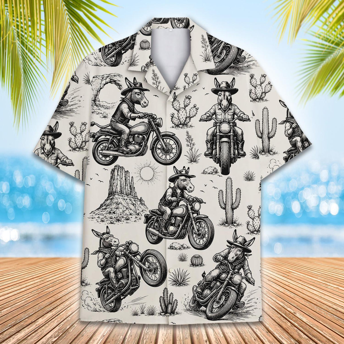 Front view of the black animals and motorcycles Hawaiian shirt