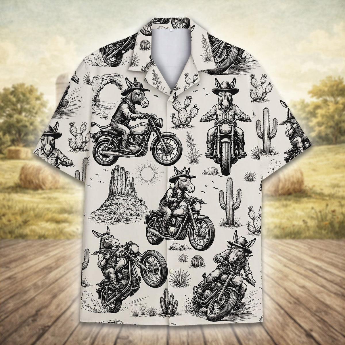 Close up front view of the black animals and motorcycles Hawaiian shirt
