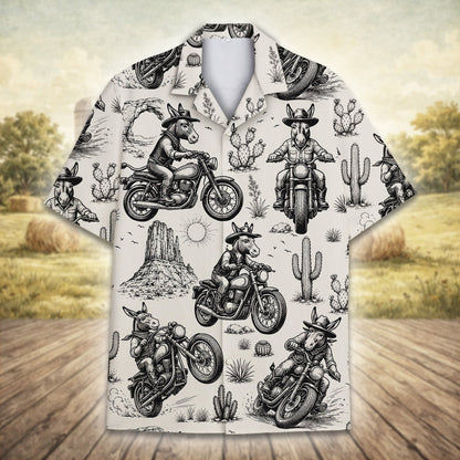 Close up front view of the black animals and motorcycles Hawaiian shirt