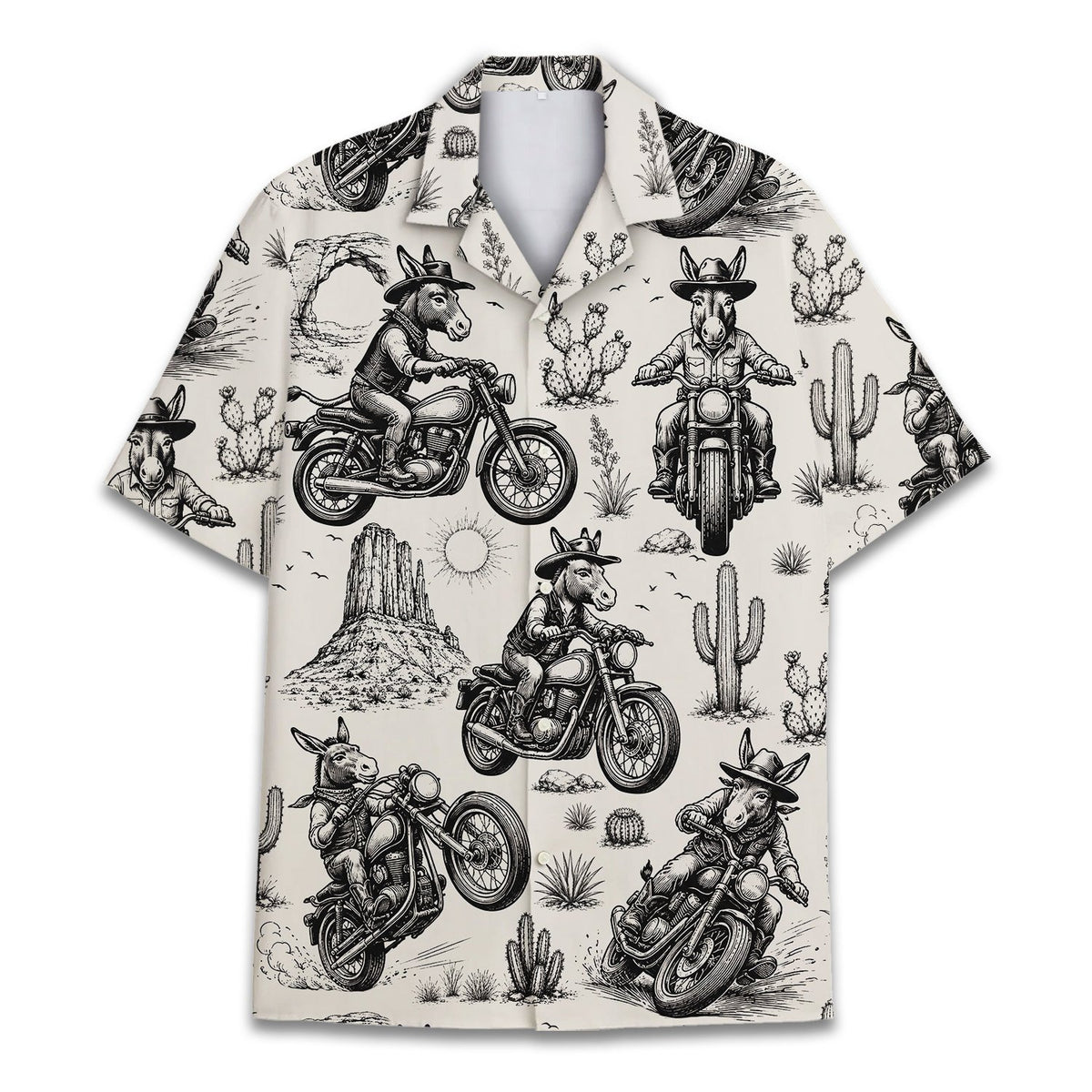Main view of the animals and motorcycles matching family Hawaiian shirt in black