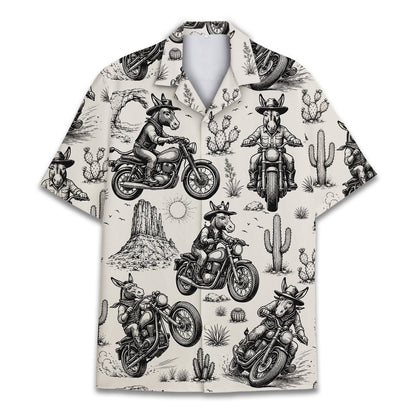 Main view of the animals and motorcycles matching family Hawaiian shirt in black