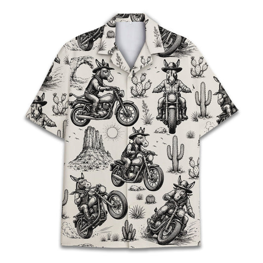 Main view of the animals and motorcycles matching family Hawaiian shirt in black