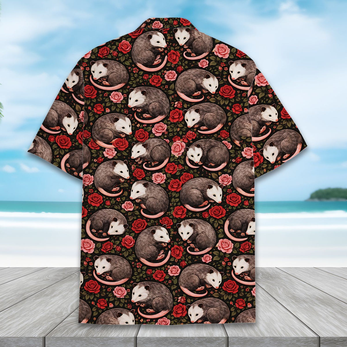 Detailed back view highlighting the red and pink roses and opossum print