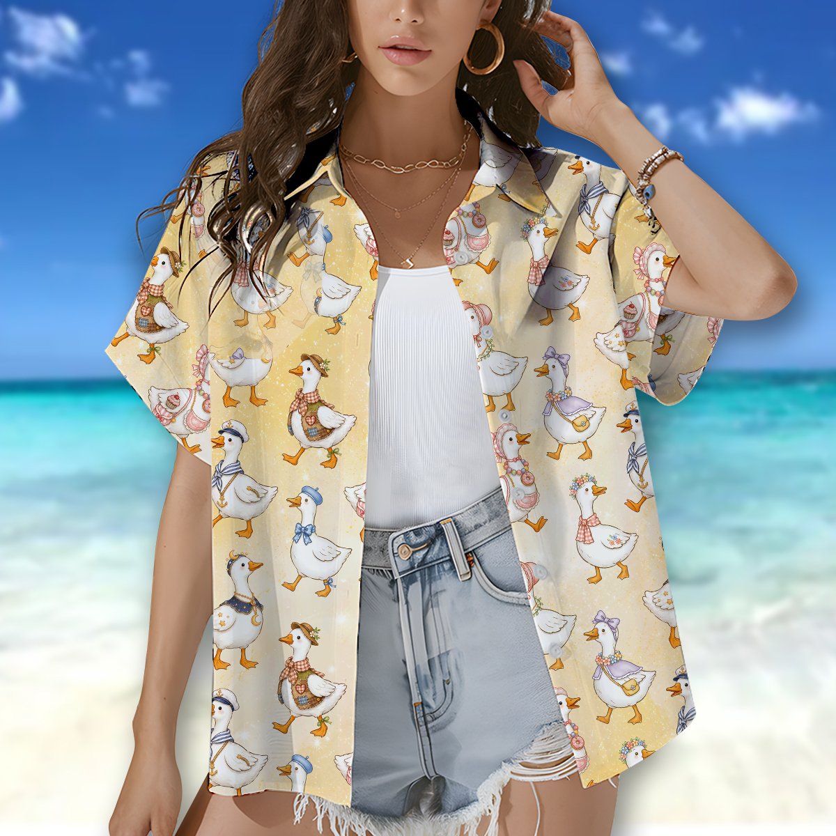 Detailed back view of yellow animals hawaiian shirt