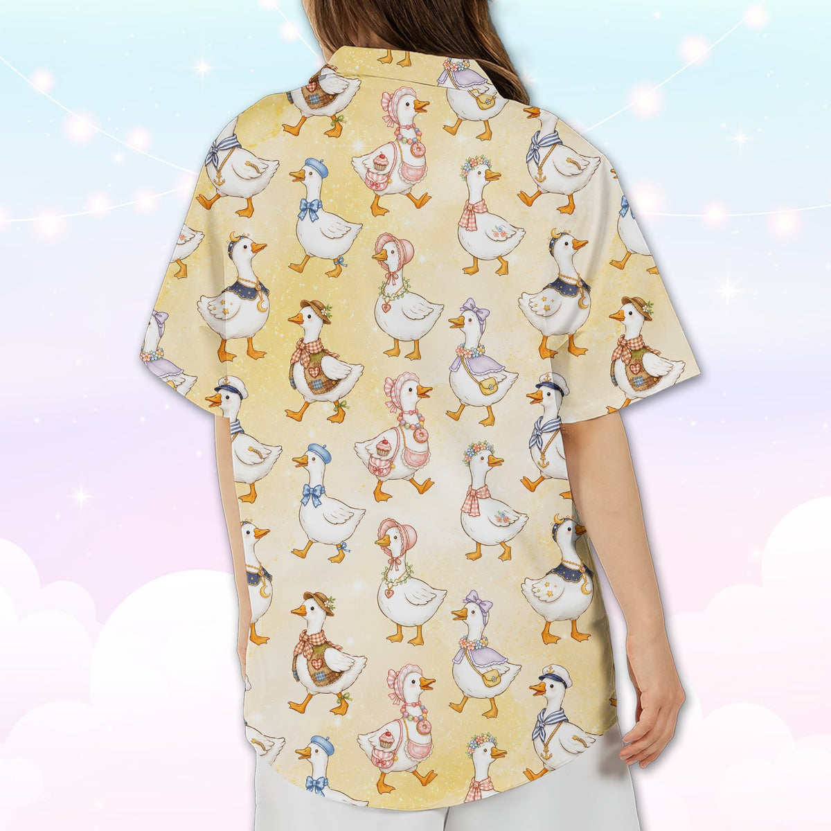 Back view of yellow animals hawaiian shirt