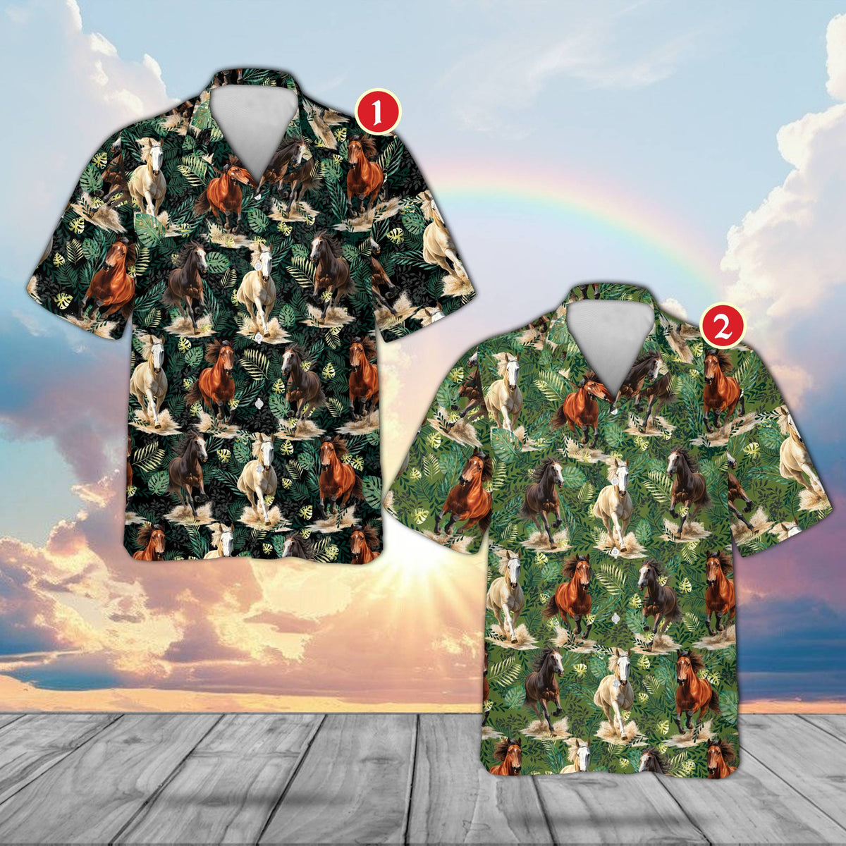 Detailed front view showing the tropical fern and running horse print on the hawaiian shirt