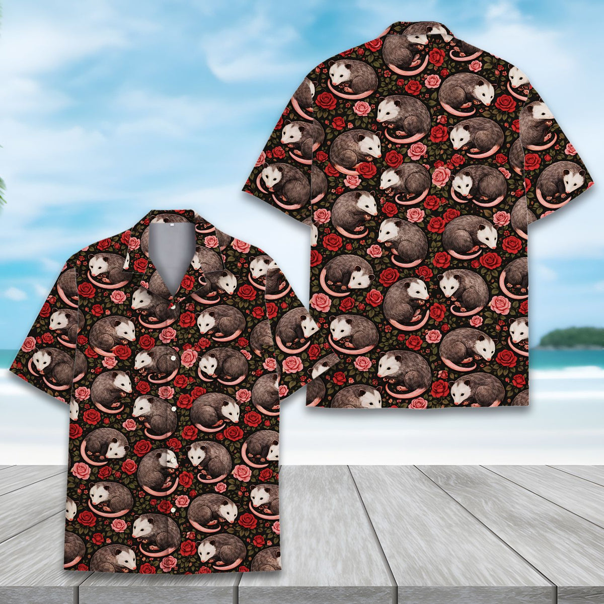 Another front view showing the intricate animal and floral print on the shirt
