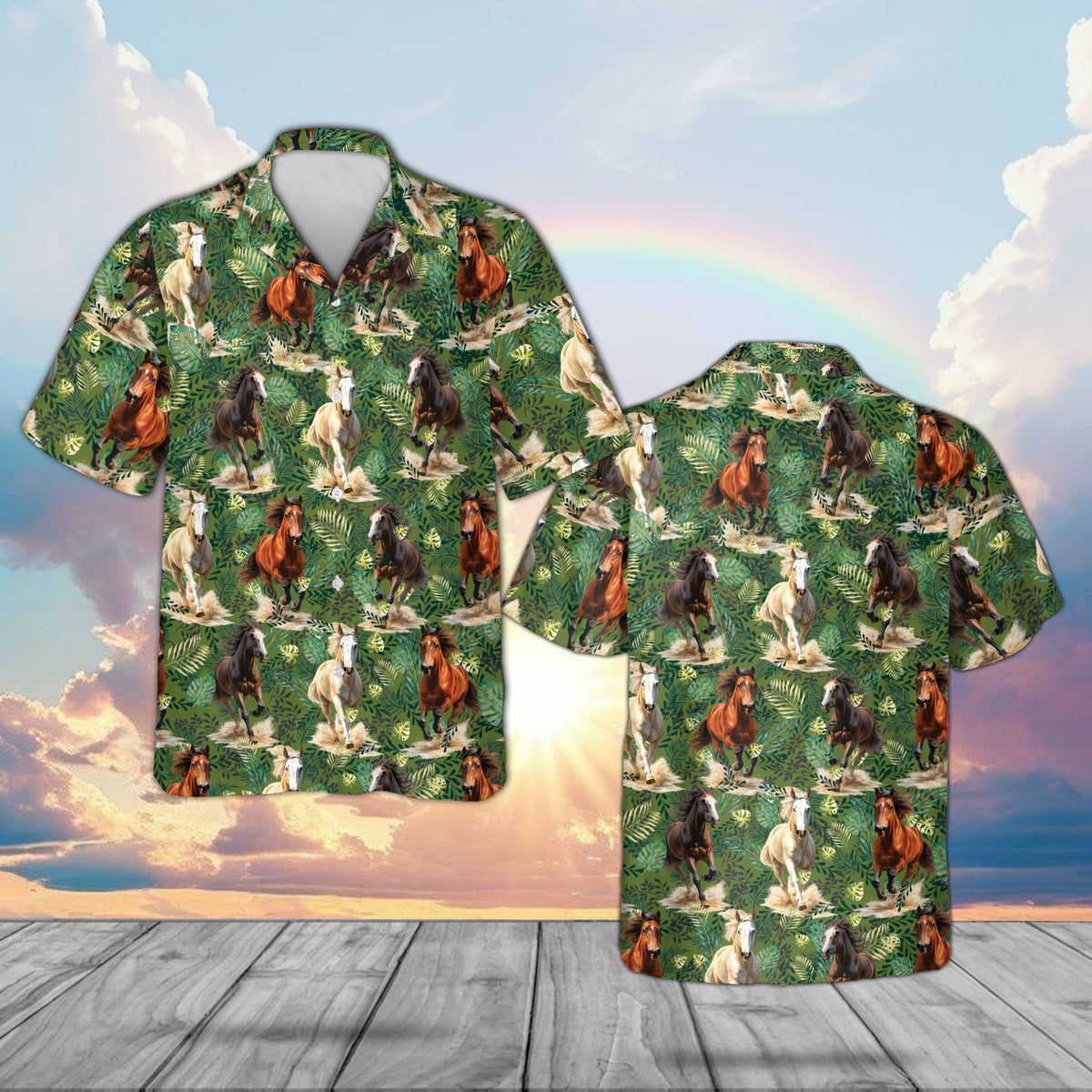 Matching family hawaiian shirts featuring a black animals hawaiian shirt design with running horses and green foliage, main view