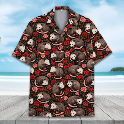 Detailed front view of the sleeping opossums hawaiian shirt design