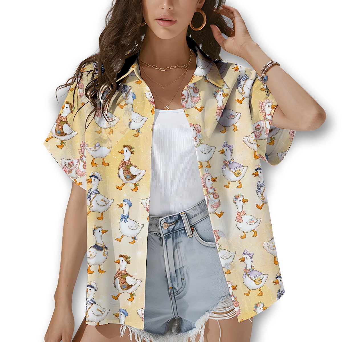 Detailed front view of duck pattern hawaiian shirt