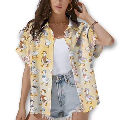 Detailed front view of duck pattern hawaiian shirt