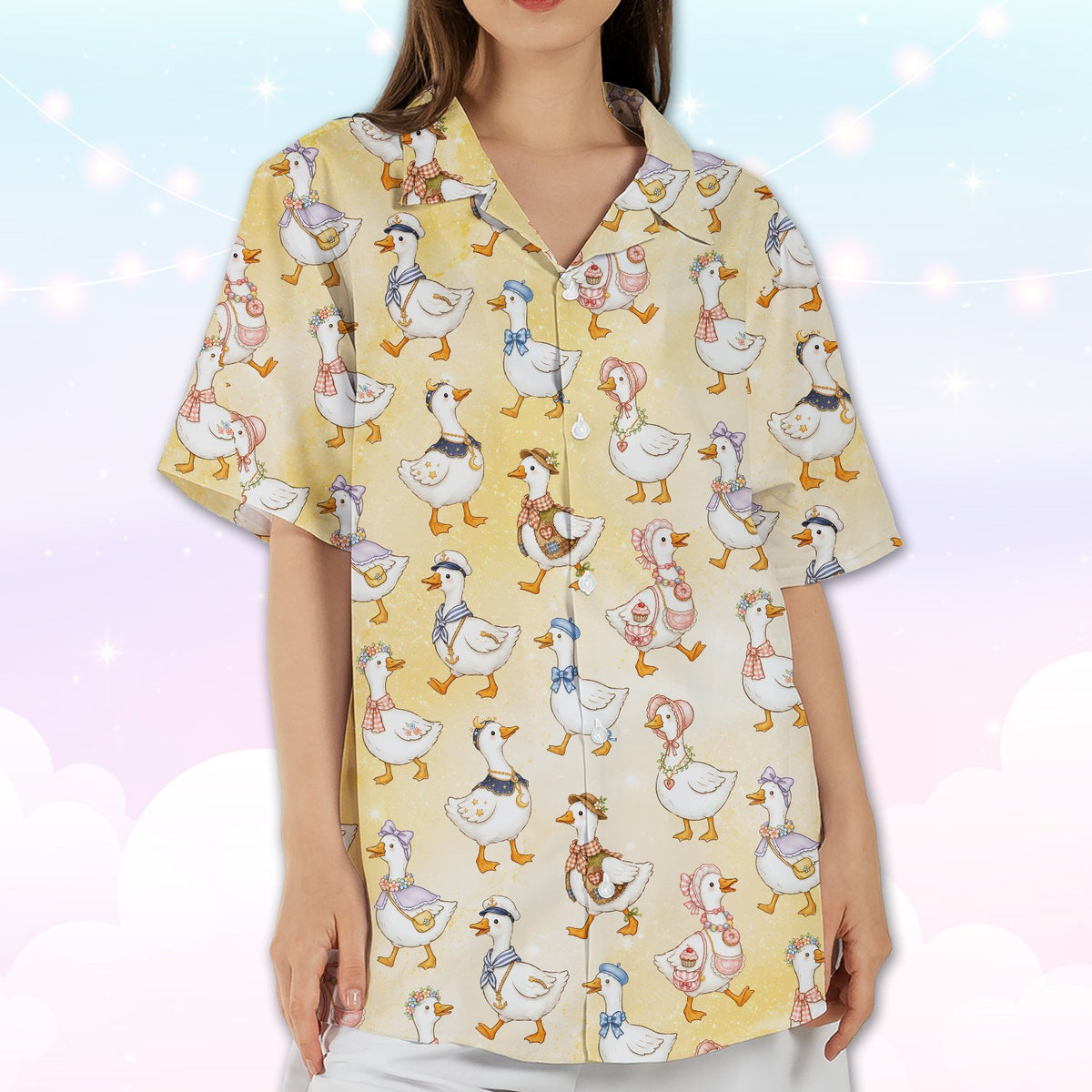 Yellow animals hawaiian shirt with illustrated ducks print, main view