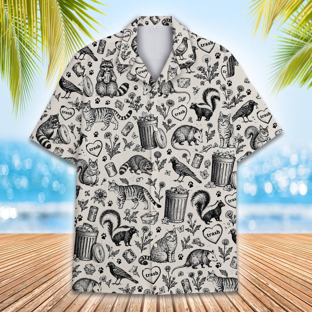 Vintage urban animals hawaiian shirt on a beige background, main view